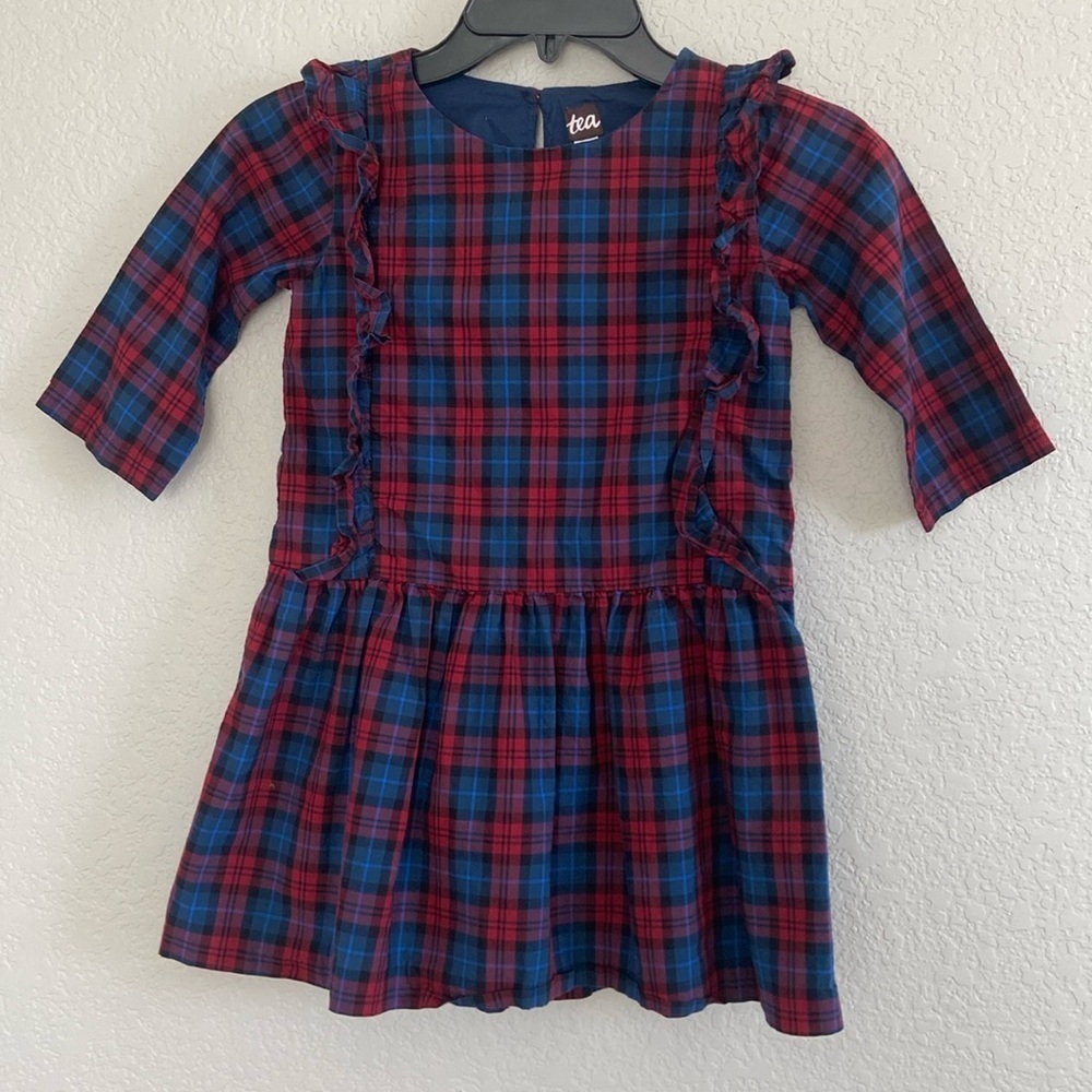 Tea Collection Blue Plaid Ruffle Hem Dress. Size 6 - Picture 2 of 9